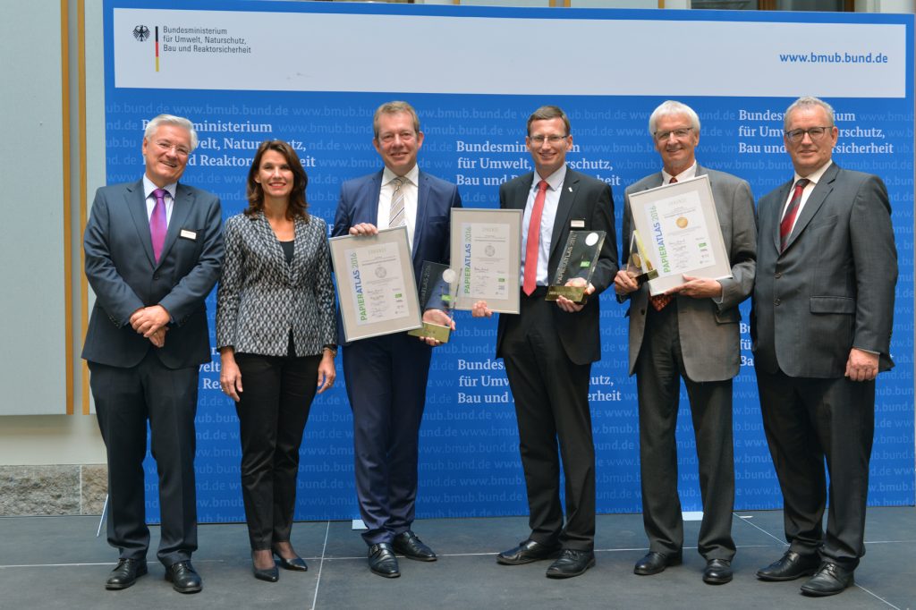 Siegen "Recyclingpapierfreundlichste Stadt" 2016, Universität Tübingen "Recyclingpapierfreundlichste Hochschule" 2016, Düsseldorf "Aufsteiger des Jahres" 2016